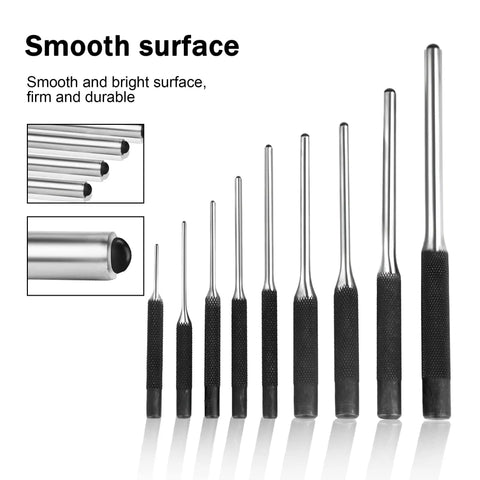 Roll Pin Punch Set With Storage Pouch And Hammer, 9 Piece Beefy Hardened Steel Removal Toolkit, knurled handles, smooth surface