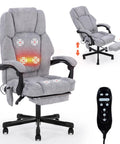Grey massage office chair with foot rest and heat, six vibration points, recline feature, ergonomic design, remote control visible.