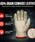 Beefy Leather Work Gloves 12 Pairs Sold By The Dozen, Split Cowhide With Keystone Thumb, detail of glove showing grain leather texture