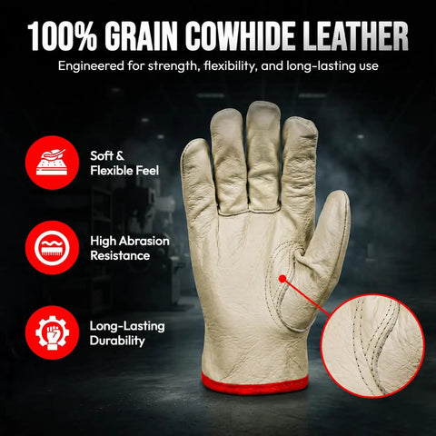 Beefy Leather Work Gloves 12 Pairs Sold By The Dozen, Split Cowhide With Keystone Thumb, detail of glove showing grain leather texture