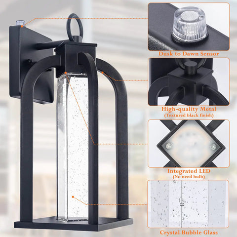 LED Dusk To Dawn Outdoor Wall Light With 14 Inch Black Lantern Style Crystal Bubble Glass Photocell Sensor IP65 Waterproof