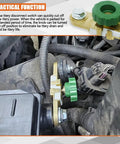 Heavy Duty Side Post Battery Disconnect Switch installed on vehicle terminals, featuring a non-slip green handle for easy operation.
