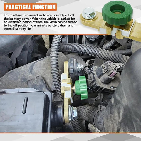 Heavy Duty Side Post Battery Disconnect Switch installed on vehicle terminals, featuring a non-slip green handle for easy operation.
