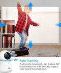 2K 3MP Wireless Pet Camera and Baby Monitor showing 355° pan and 90° tilt feature tracking a child in a room.