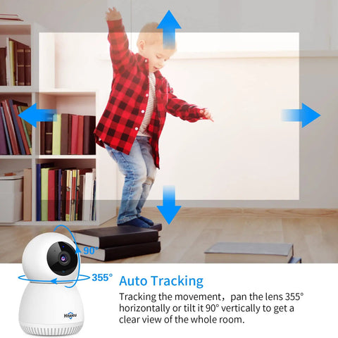 2K 3MP Wireless Pet Camera and Baby Monitor showing 355° pan and 90° tilt feature tracking a child in a room.