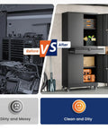 Before and after comparison showing heavy duty metal garage storage cabinet with locking doors and adjustable shelves, clean and organized.