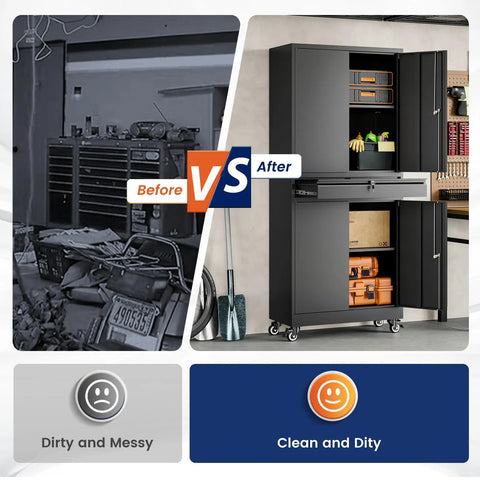 Before and after comparison showing heavy duty metal garage storage cabinet with locking doors and adjustable shelves, clean and organized.