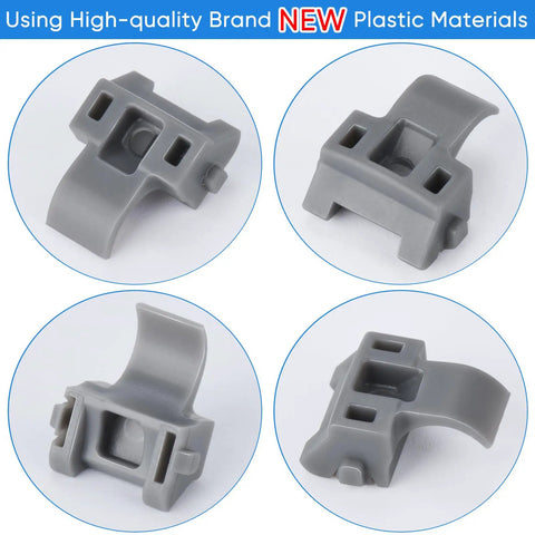 Four views of plastic hinge clips from 55 Piece Door Hinge Shims and 86 Degree Cabinet Restrictor Clips Kit for a Smooth Soft Close Fits 38C315B3
