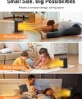 Hella Powerful 1500W PTC Ceramic Space Heater With 4 Modes shown in use during workout, playtime, and bedtime settings. Compact and efficient.