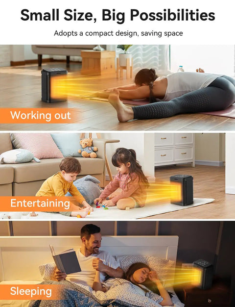 Hella Powerful 1500W PTC Ceramic Space Heater With 4 Modes shown in use during workout, playtime, and bedtime settings. Compact and efficient.