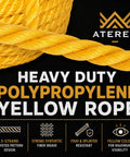 Yellow One Quarter Inch By 600 Feet Twisted Polypropylene Rope 3 Strand Pro Grade Heavy Duty Yet Lightweight 1125 Lbs Tensile Strength Ideal For DIY Projects Marine Use Camping Towing And General Commercial Applications label with rope details and features.