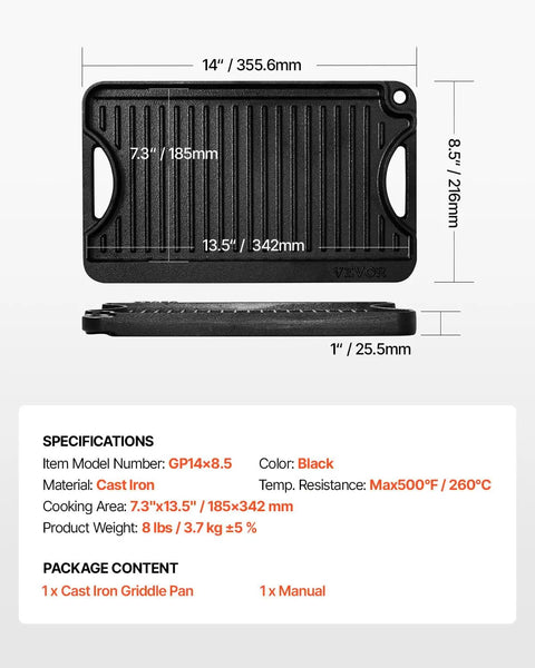 Reversible Cast Iron Grill And Griddle Pan Fourteen By Eight And A Half Inch Preseasoned Portable with dimensions and specs