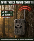 Cellular Trail Camera Bundle With Tree Mount Offering 36Mp Photos And 720P Video With A Hella Fast Trigger Speed Plus 80 Foot Night Vision For Serious Hunters Demanding Kickass App Controlled Game Viewing On LTE And Verizon Networks mounted on tree with network icons.