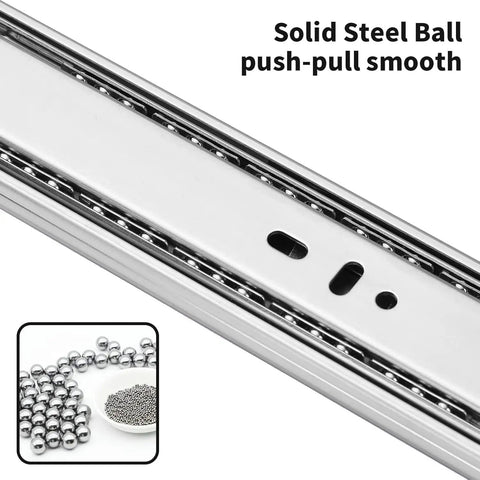 Top Shelf 18 Inch Soft Close Drawer Slides 6 Pair Full Extension Ball Bearing Side Mount Runners showing solid steel track and ball bearings.