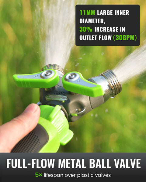 Garden hose splitter with green twin-lever valves and metal body, 3/4 in GHT threads (close-up view)