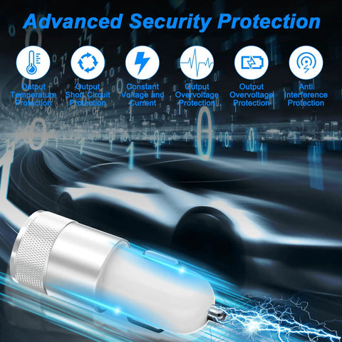 Illustration of advanced security features for 60W Dual USB C Car Charger With Cigarette Lighter Socket Includes Type C Cable And Lightning Cable Fast PD Charging For iPhone iPad And Samsung CarPlay Ready Charge Two Devices At Once On The Go
