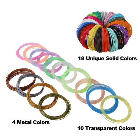 Awesome 32 Colors 3D Pen PLA Filament Refills Pack With 320 Feet Total, 10 Feet Per Color, showcasing solid, metallic, clear filaments