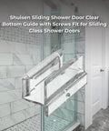Clear Acrylic Sliding Shower Door Bottom Guide Roller Track For 3/8 Inch Glass With Screws in a bathroom setting.