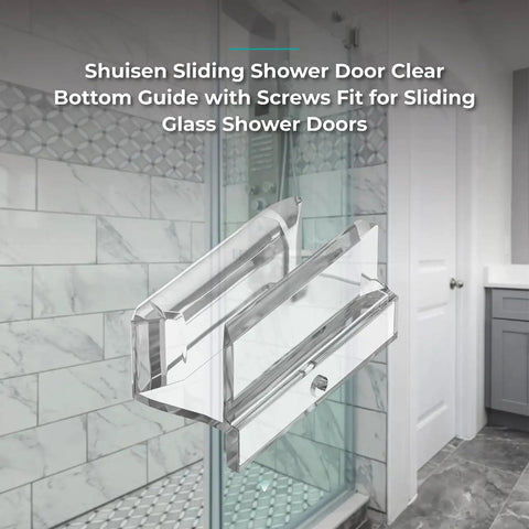 Clear Acrylic Sliding Shower Door Bottom Guide Roller Track For 3/8 Inch Glass With Screws in a bathroom setting.