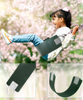 Child enjoying the Beefy Heavy Duty Swing Seat With Metal Triangle Rings For Kids And Adults, Replacement Outdoor Swing Set Accessory For Backyard Playgrounds And Tree Installations, Green, Built To Last, Supports Up To 300 Lb, Reinforced EVA Comfort.
