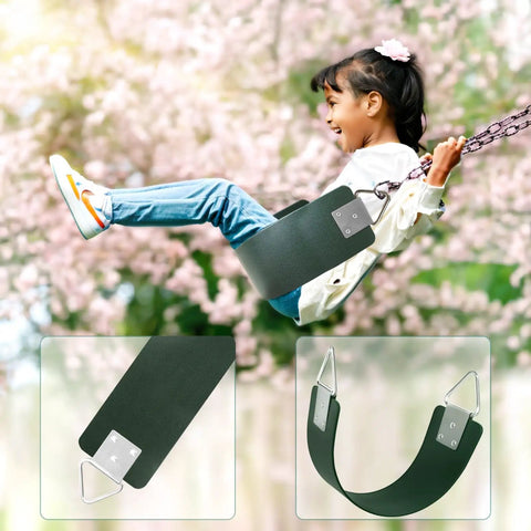 Child enjoying the Beefy Heavy Duty Swing Seat With Metal Triangle Rings For Kids And Adults, Replacement Outdoor Swing Set Accessory For Backyard Playgrounds And Tree Installations, Green, Built To Last, Supports Up To 300 Lb, Reinforced EVA Comfort.