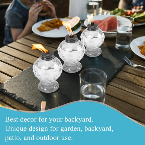 Four Pack Clear Glass Table Top Torches For Outdoors Mini Citronella Lanterns Easy Refill Lit Patio Yard Party Lighting