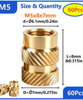 Pro Grade Lead Free Brass Threaded Inserts Kit M5x8x7mm, 60 pcs, showing 8mm length and 7mm depth for 3D printing parts.