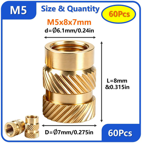 Pro Grade Lead Free Brass Threaded Inserts Kit M5x8x7mm, 60 pcs, showing 8mm length and 7mm depth for 3D printing parts.