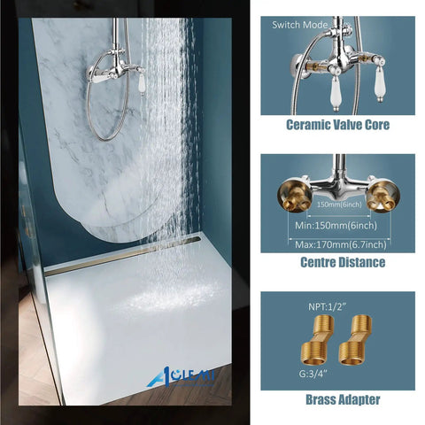 Polished Chrome Shower System With 8 Inch Rainfall Head dual lever mixer wall mounted with brass construction details