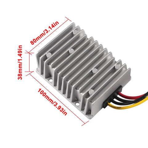 Automatic Buck Boost Converter Steps 8V Up To 40V Input Directly Into A Rock Solid 13.8V Fixed Output With 25 Amp Capacity Multi Protection For Golf Carts And Led Installations, aluminum casing, dimensions 100mm x 80mm x 38mm.