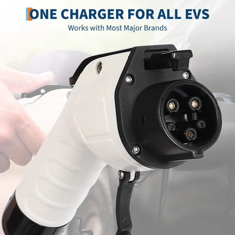 Plug And Play Level Two Ev Charger With Forty Amp Output And Built In Wifi close-up of charging plug showing compatibility with major EV brands