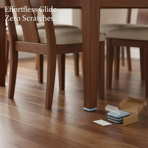 Wooden chair with Heavy Duty PTFE Furniture Sliders With Self Adhesive Floor Protectors on hardwood floor, open box beside.