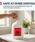 Hand inserting a syringe into a white jug labeled with a red biohazard warning for safe disposal. Straight Up Reliable 2X2 Biohazard Stickers 250 Pack No Sweat Coated Paper Warning Labels And Universal Safety Decals For Lab Hospital Or Industrial Site To Keep Your Crew Safe And Sorted.