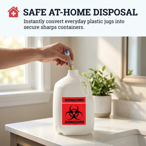 Hand inserting a syringe into a white jug labeled with a red biohazard warning for safe disposal. Straight Up Reliable 2X2 Biohazard Stickers 250 Pack No Sweat Coated Paper Warning Labels And Universal Safety Decals For Lab Hospital Or Industrial Site To Keep Your Crew Safe And Sorted.