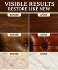 Wood Care Balm And Furniture Polish With Almond Scratch Fixer - Slaps At Removing Dings And Keeping Wood Looking Crisp - Lowkey Essential Table Cabinet Polish Formula One Pack shown before and after restoration results on wood, leather, and marble surfaces.