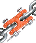 Heavy Duty G70 Grade 3/8 Inch Double Clevis Links Tough As Nails Chain Repair Hardware For Towing Trailer rigging close-up.