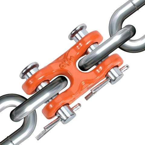 Heavy Duty G70 Grade 3/8 Inch Double Clevis Links Tough As Nails Chain Repair Hardware For Towing Trailer rigging close-up.