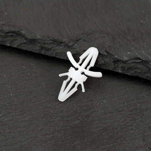 Top Shelf 100 Count White Pcb Standoff Mounting Clips Quick Snap Fit For 4Mm Holes, single clip on slate background.