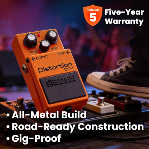 DS1 Distortion Pedal Bundle With Gearlux Power Supply and accessories on stage, showcasing build quality and warranty details.