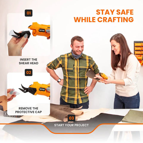 Slick Cordless Electric Fabric Scissors And Heavy Duty Cardboard Cutter With Two Swappable Blades in a DIY crafting setup.