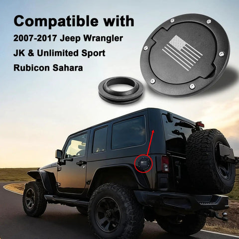 Gas Cap Cover For Jeep Wrangler JK 2007 2017 Unlimited Sport Rubicon Sahara Easy To Install Rust Resistant Fuel Filler Door Cover With US Flag Durable ABS Construction And Secure Fit