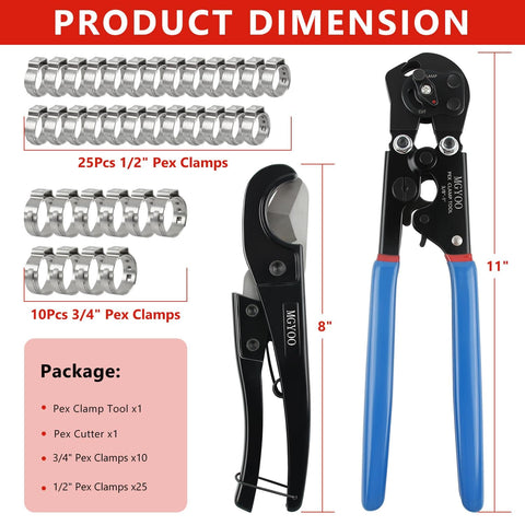 Dual Function PEX Crimp Tool Kit With Cinch And Removal, 3/8 To 1 Inch PEX Crimper, Built In Cutter, 35 Stainless Steel Clamps