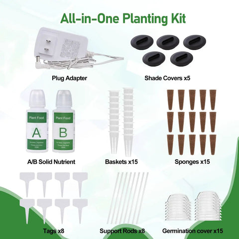 Smart Indoor Hydroponics Growing System Kit With 15 Pod Herb Garden components including plug adapter, shade covers, and plant nutrients