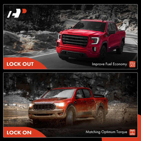 Two red trucks on different terrain, showcasing Ford 4x4 Manual Locking Front Wheel Hub Actuator Assembly For Super Duty 2005 2020.