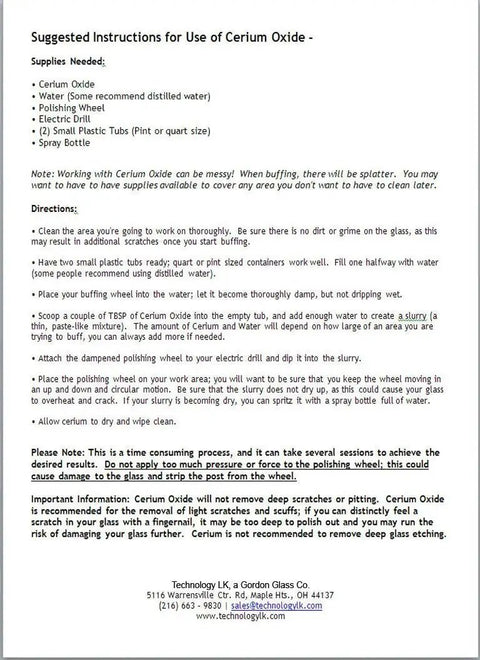 Instructions for using Cerium Oxide Glass Polishing Kit with 8 oz cerium oxide powder and felt buffing wheel for DIY scratch removal.
