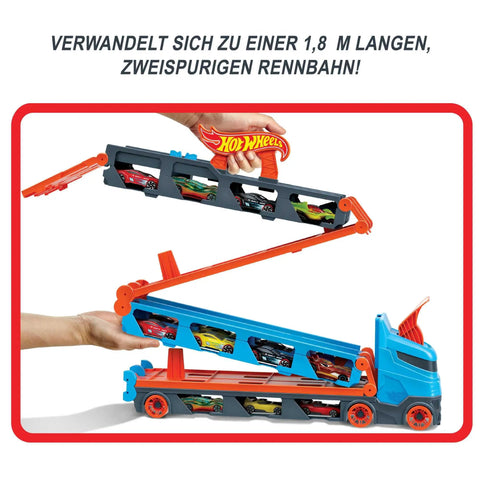 Speedway Hauler Storage Carrier with Three 1 to 64 Scale Cars and Convertible Six Foot Drag Race Track for Kids Four to Eight