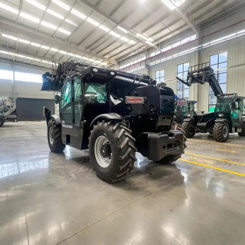 Heavy Duty Four Wheel Drive Telehandler Forklift With Extended Reach Boom For Smooth Material Moves And Pro Grade Lifting Projects Built Tough With Zero Sweat For Busy Job Sites, side view in a warehouse.