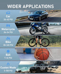 Diagram of applications for Cordless Portable Tire Inflator Mini Air Pump With Digital Pressure 150 PSI, including car, motorcycle, bike, ball, custom mode.