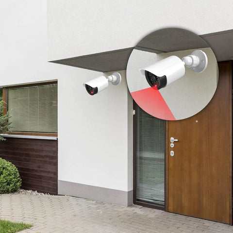 Two Pack Fake Security Camera Dome With LED Light Realistic Dummy CCTV Look for Indoor and Outdoor Use on house exterior.