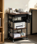 Slick Rolling Three Tier Coffee Station Cart With Built In Power Panel And Roomy Storage Shelf For Mastering Your Daily Grind And Charging Tech Without Hassle, featuring printer and supplies.